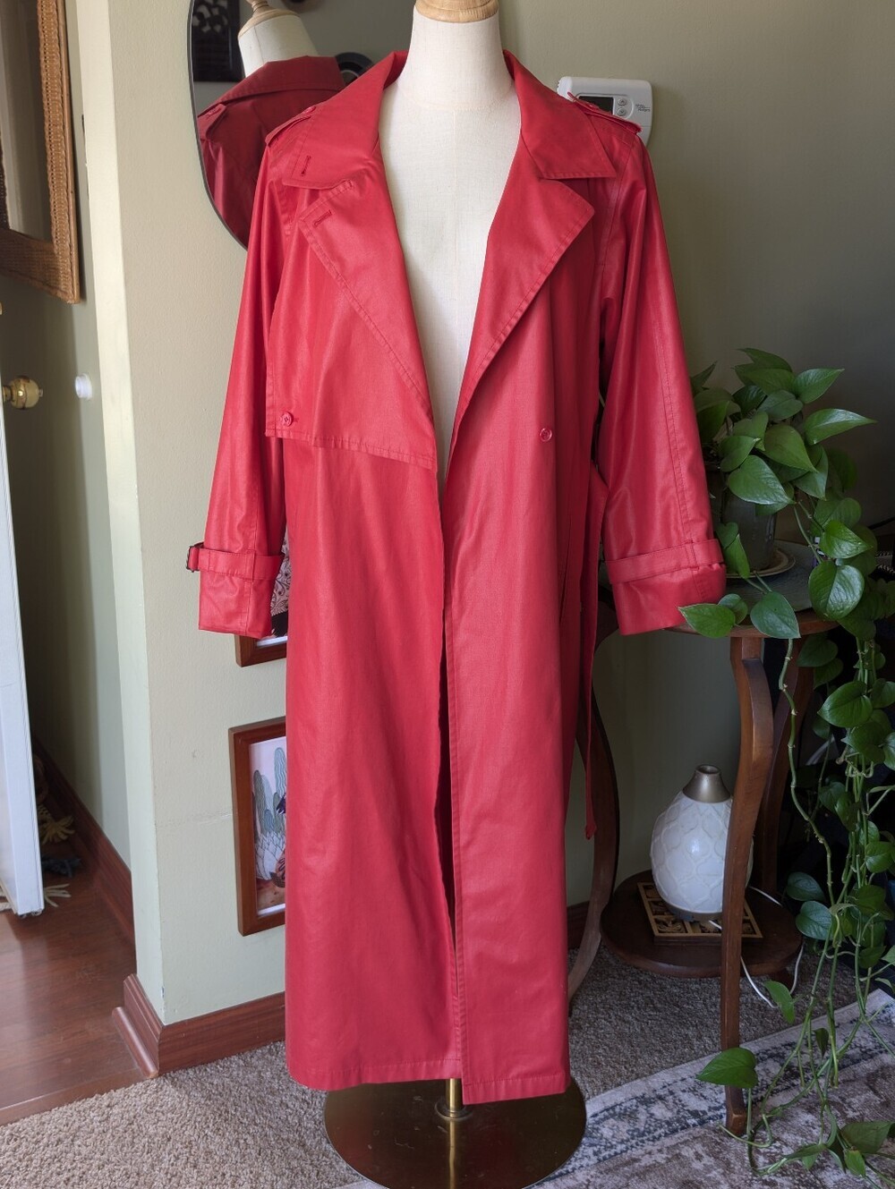 London Fog Women's Vintage Size 12 Red Belted Button Front Trench Coat - Picture 14 of 16